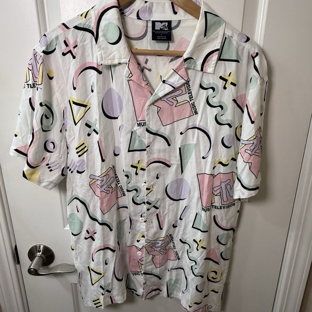 MTV Music Television Shirt Mens Small Pastel 80s Retro Rayon Button Up White